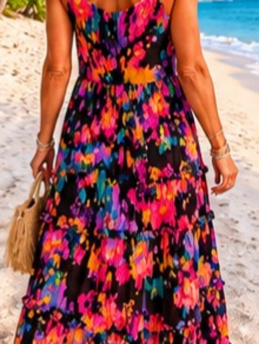 Boho prairie tier ruffle multicolor Vacay Resort Cottagecore Beach maxi dress L - Picture 14 of 15